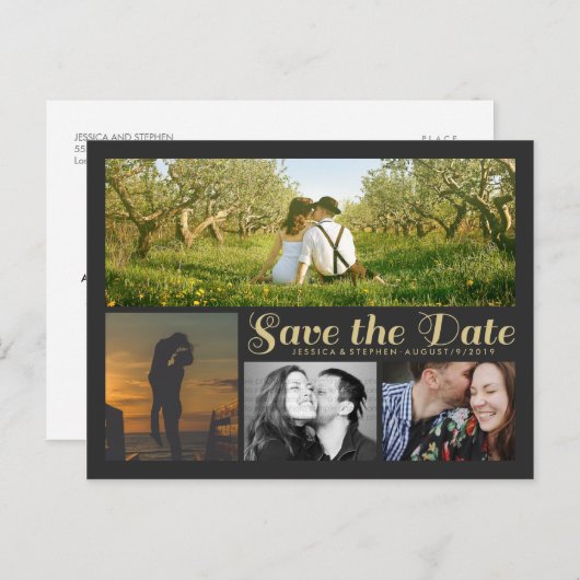 Stilvolle Script Gray Save the Date Collage Postca Ankündigungspostkarte (Vorne/Hinten)