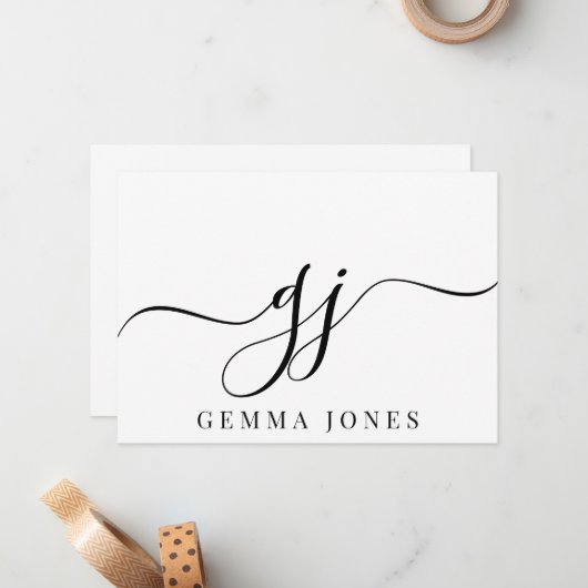 Stilvolle Script Initial Black Monogram On White Mitteilungskarte (Vorderseite/Rückseite Beispiel)