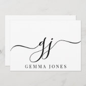 Stilvolle Script Initial Black Monogram On White Mitteilungskarte (Vorne/Hinten)