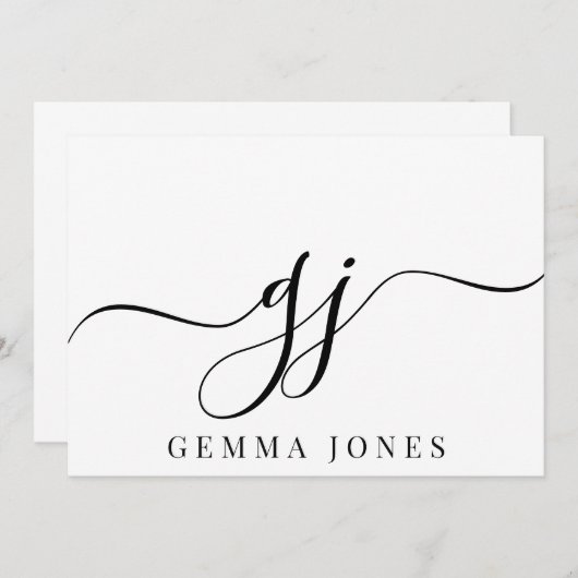 Stilvolle Script Initial Black Monogram On White Mitteilungskarte (Vorne/Hinten)