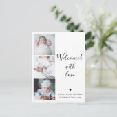 Stilvolle Script Minimalistisch 3 Foto Baby Danke Postkarte (Stehend Vorderseite)