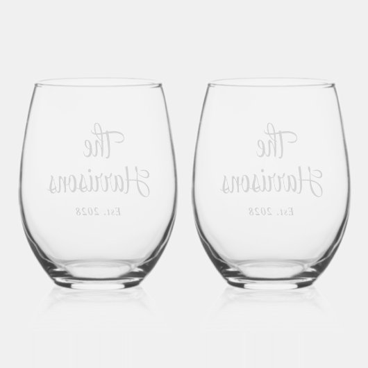 Stilvolle Script Monogram Wedding Weinglas Ohne Stiel (Rückseite)