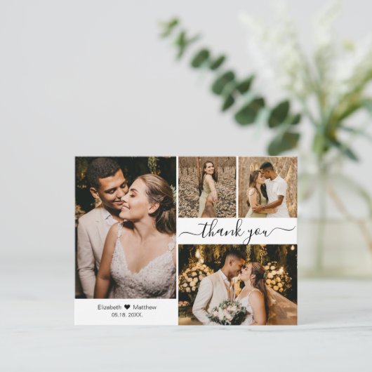Stilvolle Script Wedding 4 Foto Collage Vielen Dan Postkarte (Stehend Vorderseite)