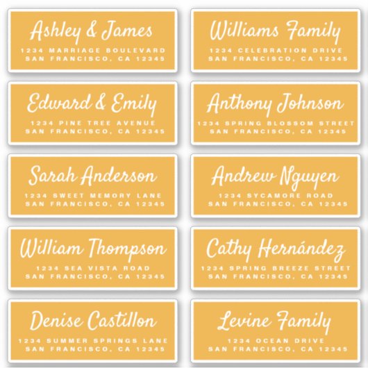 Stilvolle Script Yellow Wedding Guest Address Labe Aufkleber (Vorderseite)