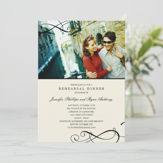 Stilvolle Scrolls Probe Dinner /Polterabend Einladung (Stehend Vorderseite)