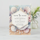 Stilvolle Seashell Beach Wedding Save The Date (Stehend Vorderseite)