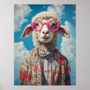 Stilvolle Sheep Pink Brille floral AtReifen Blue S Poster