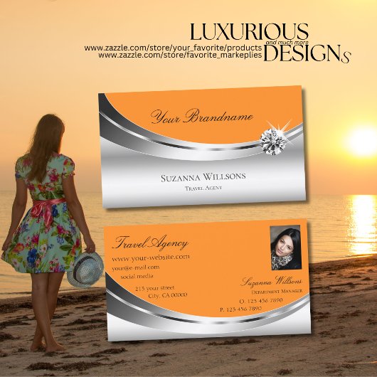 Stilvolle Silber Orange mit Foto Sparkle Diamond Visitenkarte
