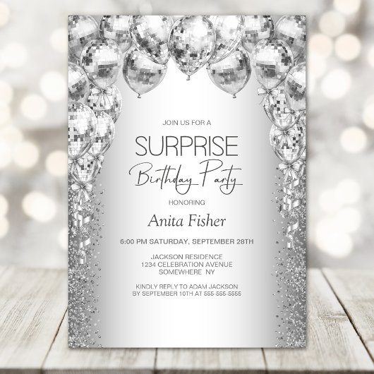Stilvolle Silver Balloons jeder Altersüberraschung Einladung