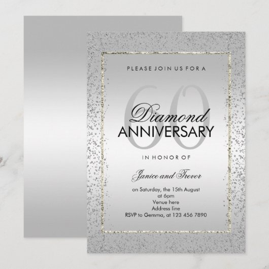 Stilvolle Silver Confetti 60. Diamant Wedding Einladung (Vorne/Hinten)