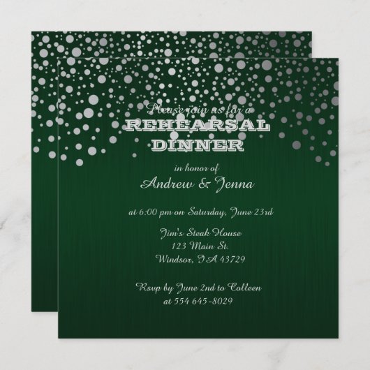 Stilvolle Silver Confetti Dots | Deep Dark Green Einladung (Vorne/Hinten)