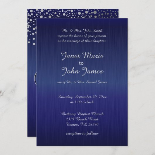 Stilvolle Silver Confetti Dots| Sapphire Blue Einladung (Vorne/Hinten)