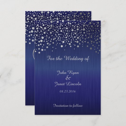 Stilvolle Silver Confetti Dots | Sapphire Blue Save The Date (Vorne/Hinten)
