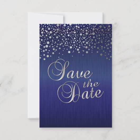 Stilvolle Silver Confetti Dots | Sapphire Blue Save The Date (Rückseite)