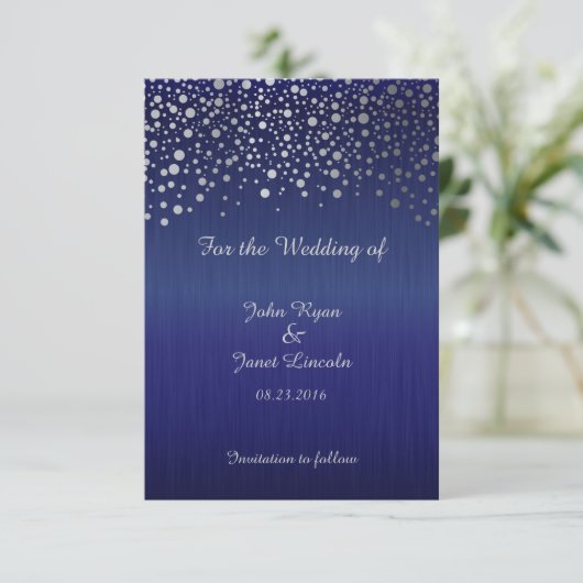 Stilvolle Silver Confetti Dots | Sapphire Blue Save The Date (Stehend Vorderseite)