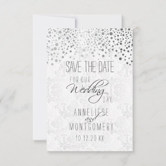 Stilvolle Silver Confetti Dots | Weiße Textur Save The Date (Vorderseite)