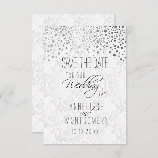 Stilvolle Silver Confetti Dots | Weiße Textur Save The Date (Vorne/Hinten)