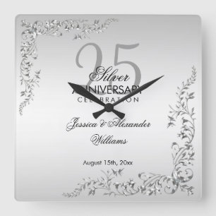 Stilvolle Silver Decoration 25. Hochzeitstag Quadratische Wanduhr