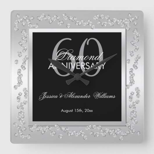Stilvolle Silver Diamonds 60. Hochzeitstag Quadratische Wanduhr (Vorderseite)