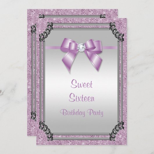 Stilvolle Silver Frame & Lilac Posh Gem Bow Sweet  Einladung (Vorne/Hinten)