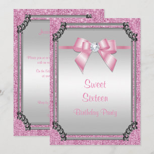 Stilvolle Silver Frame & Pink Posh Gem Bow Sweet 1 Einladung