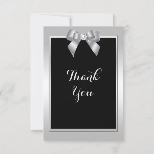 Stilvolle Silver Gem Bow & Black Wedding Dankeskarte (Vorderseite)