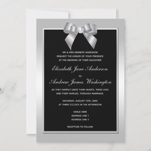 Stilvolle Silver Gem Bow & Black Wedding Einladung (Vorderseite)