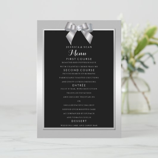 Stilvolle Silver Gem Bow & Black Wedding Menükarte (Stehend Vorderseite)