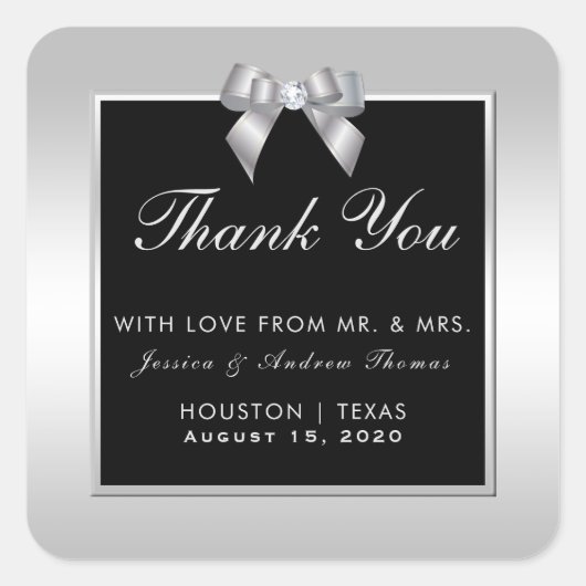 Stilvolle Silver Gem Bow & Black Wedding Quadratischer Aufkleber (Vorderseite)