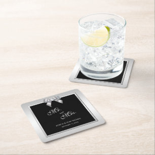 Stilvolle Silver Gem Bow & Black Wedding Rechteckiger Pappuntersetzer