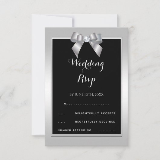 Stilvolle Silver Gem Bow & Black Wedding RSVP Karte (Vorderseite)