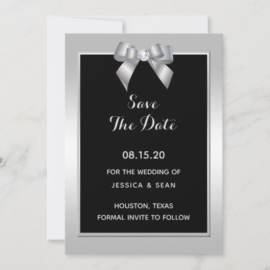 Stilvolle Silver Gem Bow & Black Wedding Save The Date (Vorderseite)