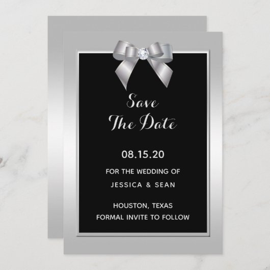 Stilvolle Silver Gem Bow & Black Wedding Save The Date (Vorne/Hinten)