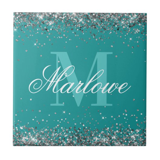 Stilvolle Silver Glitzer Aquamarin Monogram Fliese (Vorderseite)