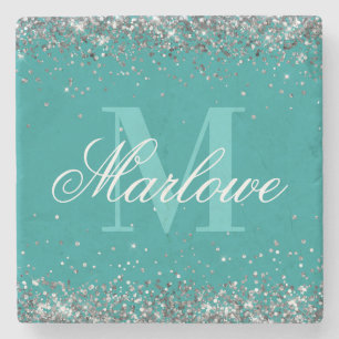 Stilvolle Silver Glitzer Aquamarin Monogram Steinuntersetzer