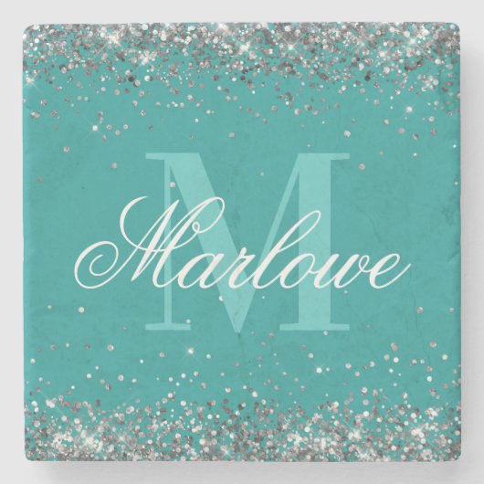 Stilvolle Silver Glitzer Aquamarin Monogram Steinuntersetzer (Vorderseite)