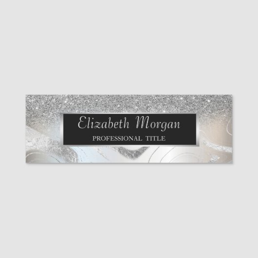 Stilvolle Silver Glitzer Frame Namensschild (Vorderseite)