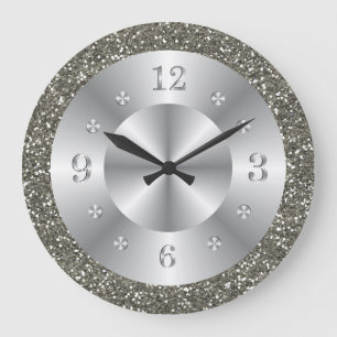 Stilvolle Silver Glitzer Metallic Gray Shiny Numbe Große Wanduhr