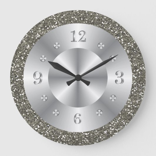 Stilvolle Silver Glitzer Metallic Gray Shiny Numbe Große Wanduhr (Vorderseite)