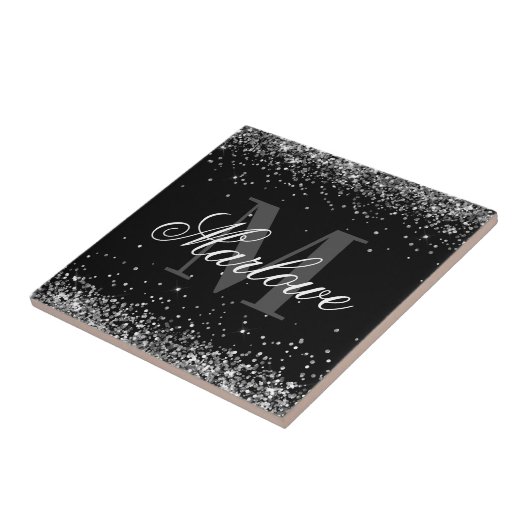 Stilvolle Silver Glitzer Schwarz-weiß Monogram Fliese (Seite)