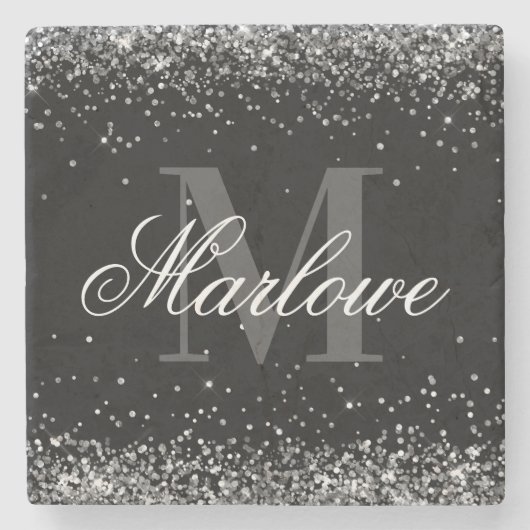Stilvolle Silver Glitzer Schwarz-weiß Monogram Steinuntersetzer (Vorderseite)