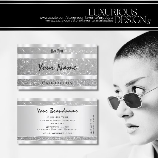 Stilvolle Silver Glitzer Sparkling Stars Eye-Catch Visitenkarte