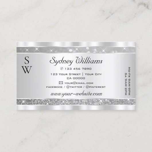 Stilvolle Silver Glitzer Sparkling Stars Monogram Visitenkarte (Rückseite)