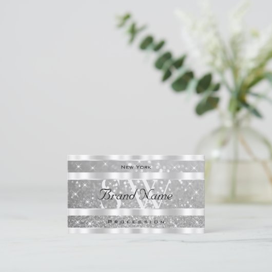 Stilvolle Silver Glitzer Sparkling Stars Monogram Visitenkarte (Stehend Vorderseite)