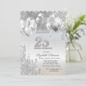Stilvolle Silver Glitzer Tropfen Balloons 25. Gebu Einladung (Stehend Vorderseite)