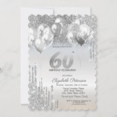 Stilvolle Silver Glitzer Tropfen Balloons 60. Gebu Einladung (Vorderseite)