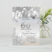 Stilvolle Silver Glitzer Tropfen Balloons 60. Gebu Einladung (Stehend Vorderseite)