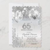 Stilvolle Silver Glitzer Tropfen Balloons 65. Gebu Einladung (Vorderseite)