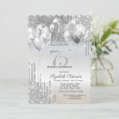 Stilvolle Silver Glitzer Tropfen Balloons 75. Gebu Einladung (Stehend Vorderseite)