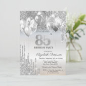 Stilvolle Silver Glitzer Tropfen Balloons 85. Birt Einladung (Stehend Vorderseite)